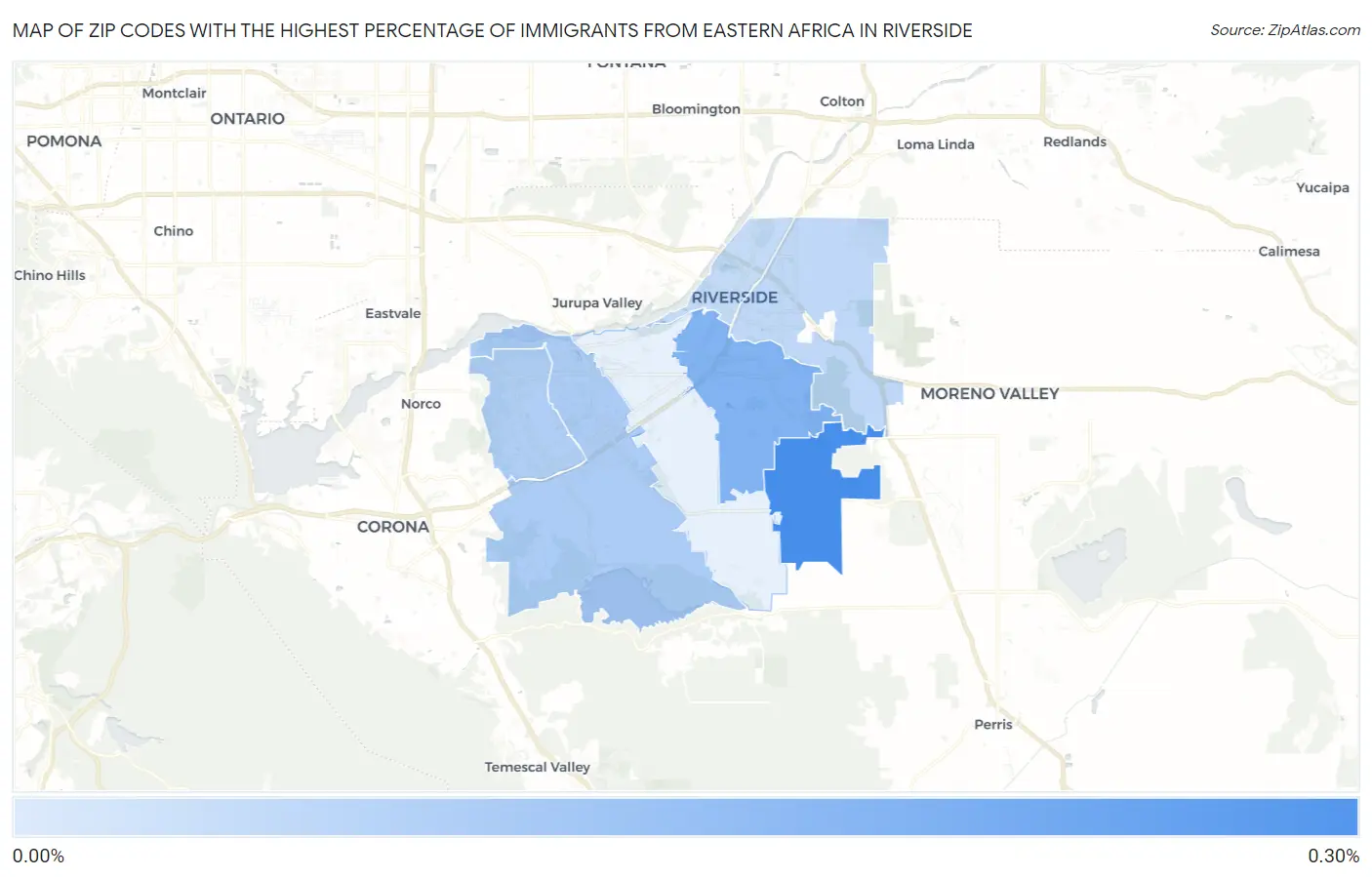 Zip Codes with the Highest Percentage of Immigrants from Eastern Africa in Riverside Map