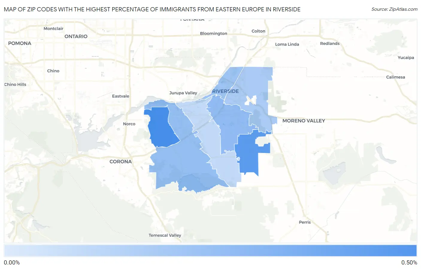 Zip Codes with the Highest Percentage of Immigrants from Eastern Europe in Riverside Map