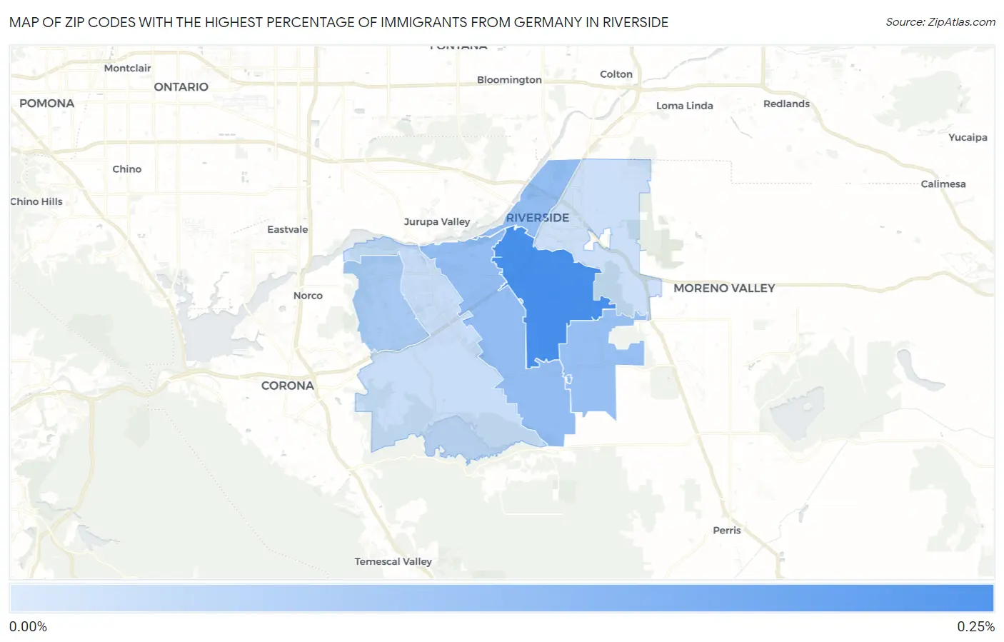 Zip Codes with the Highest Percentage of Immigrants from Germany in Riverside Map