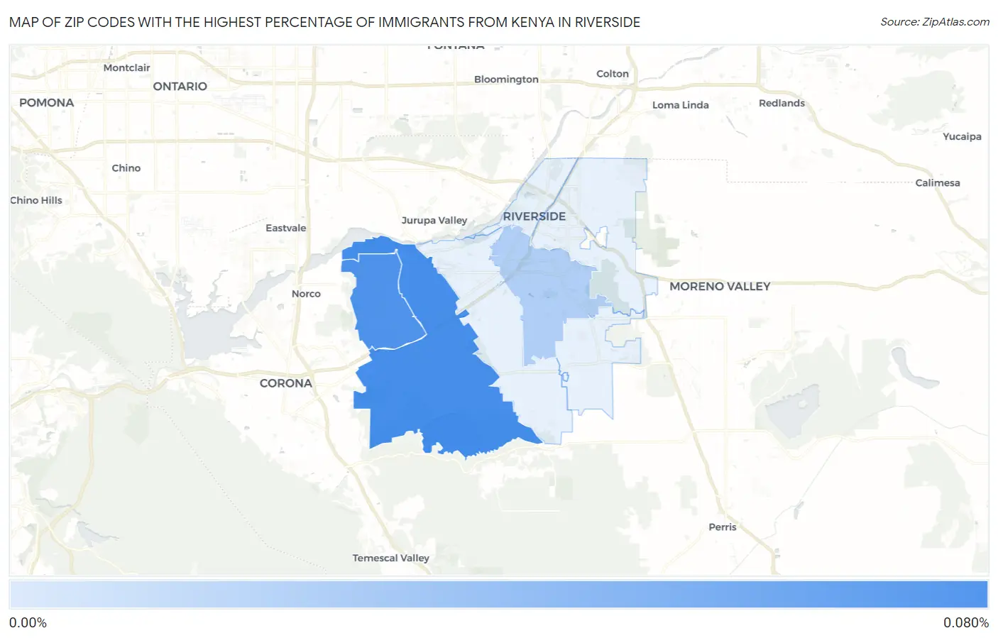Zip Codes with the Highest Percentage of Immigrants from Kenya in Riverside Map