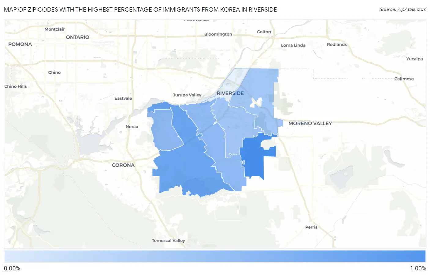 Zip Codes with the Highest Percentage of Immigrants from Korea in Riverside Map