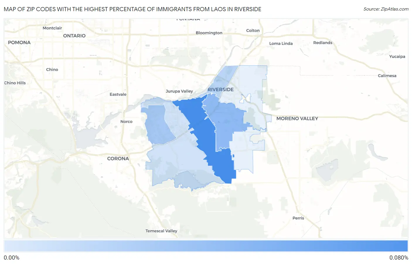 Zip Codes with the Highest Percentage of Immigrants from Laos in Riverside Map