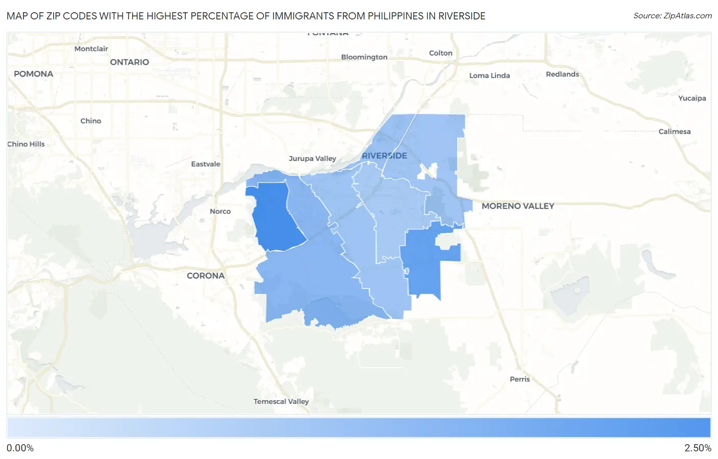 Zip Codes with the Highest Percentage of Immigrants from Philippines in Riverside Map