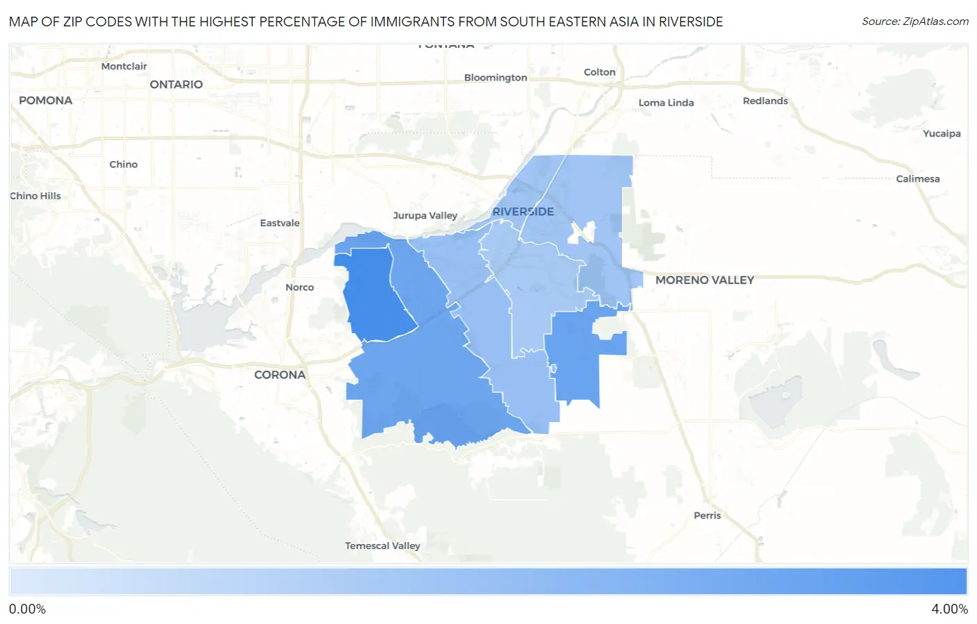 Zip Codes with the Highest Percentage of Immigrants from South Eastern Asia in Riverside Map