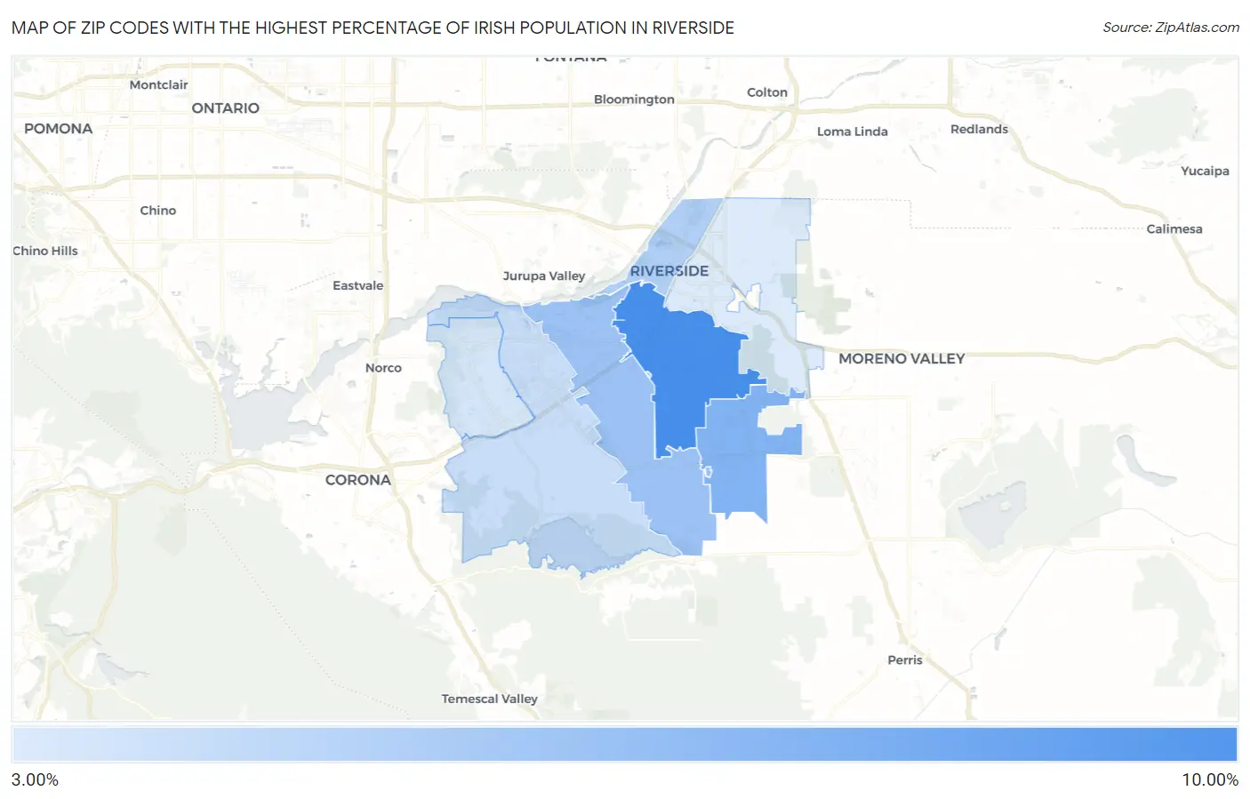 Zip Codes with the Highest Percentage of Irish Population in Riverside Map