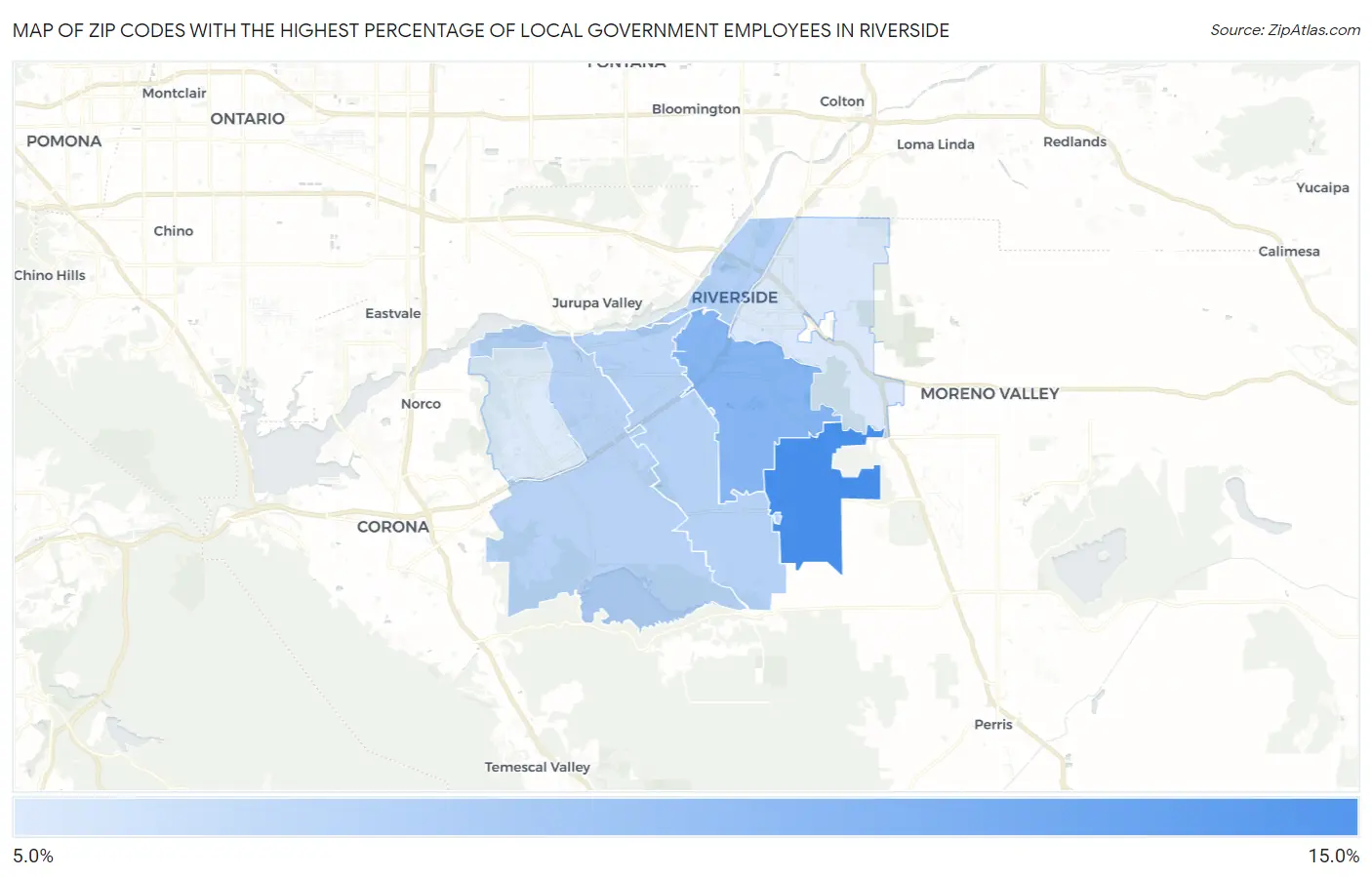 Zip Codes with the Highest Percentage of Local Government Employees in Riverside Map