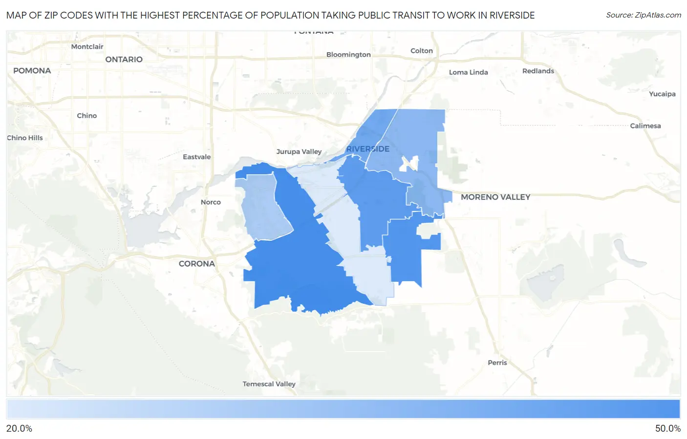 Zip Codes with the Highest Percentage of Population Taking Public Transit to Work in Riverside Map