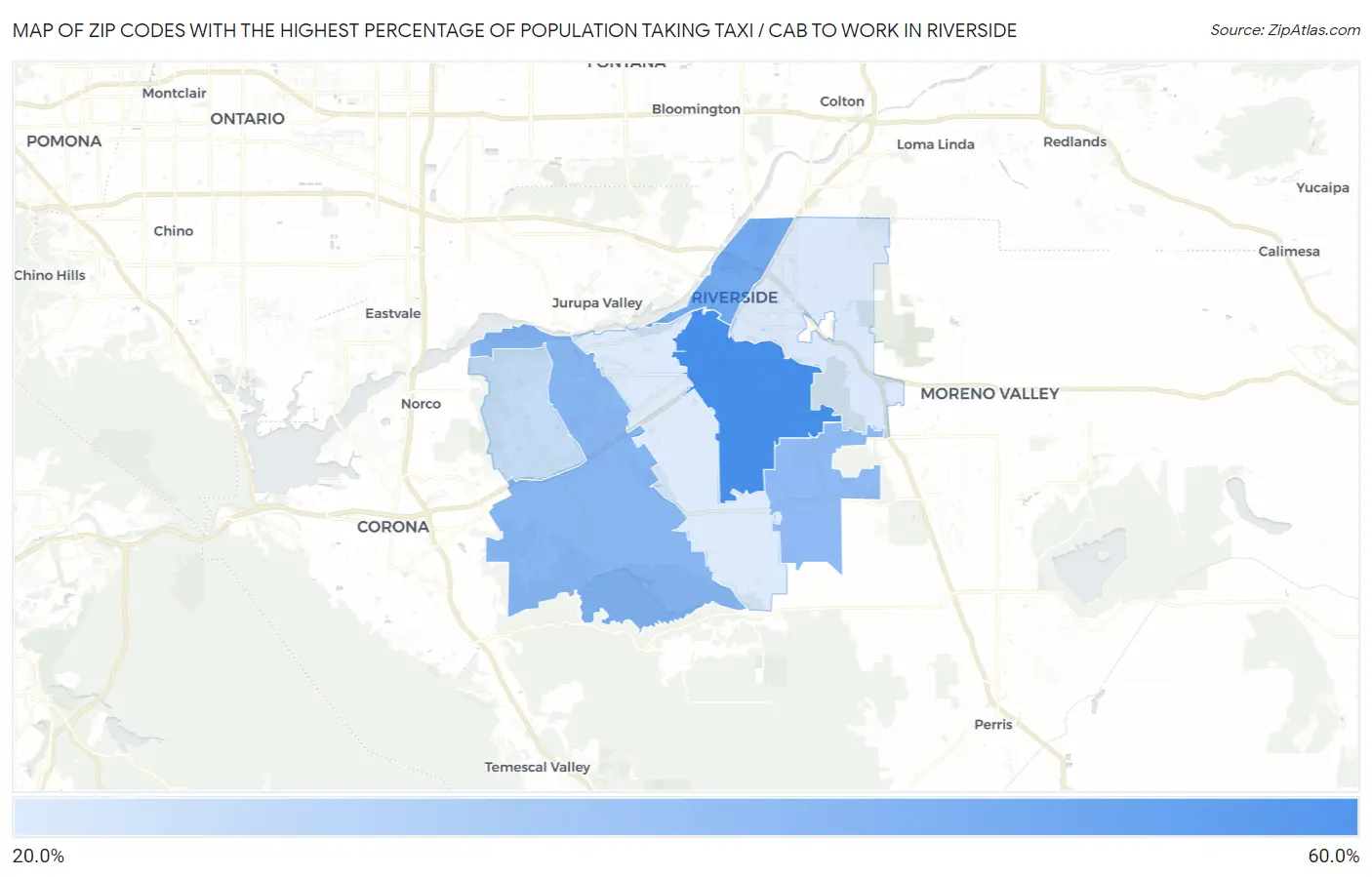 Zip Codes with the Highest Percentage of Population Taking Taxi / Cab to Work in Riverside Map