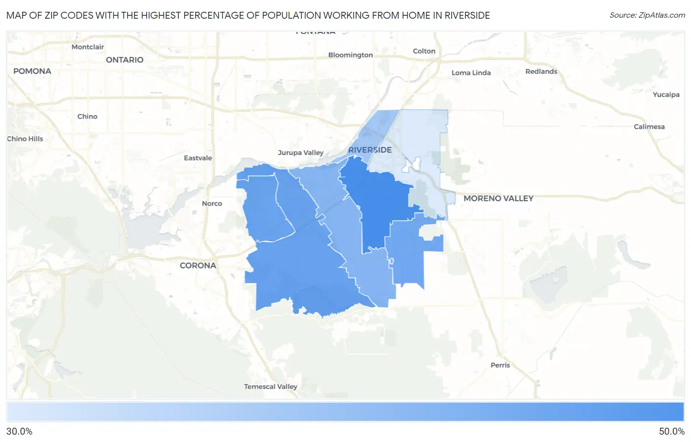Zip Codes with the Highest Percentage of Population Working from Home in Riverside Map