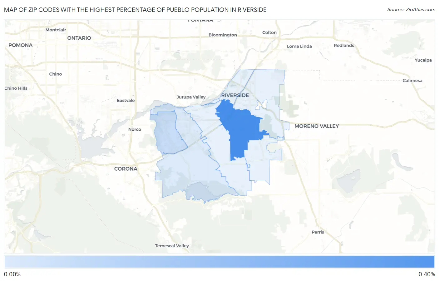 Zip Codes with the Highest Percentage of Pueblo Population in Riverside Map