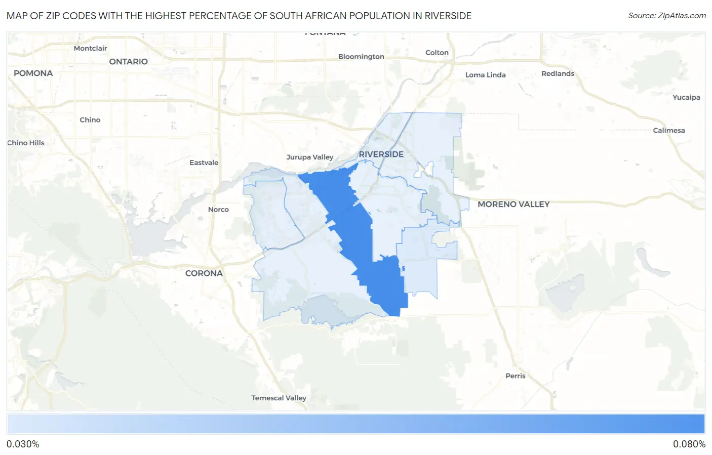 Zip Codes with the Highest Percentage of South African Population in Riverside Map