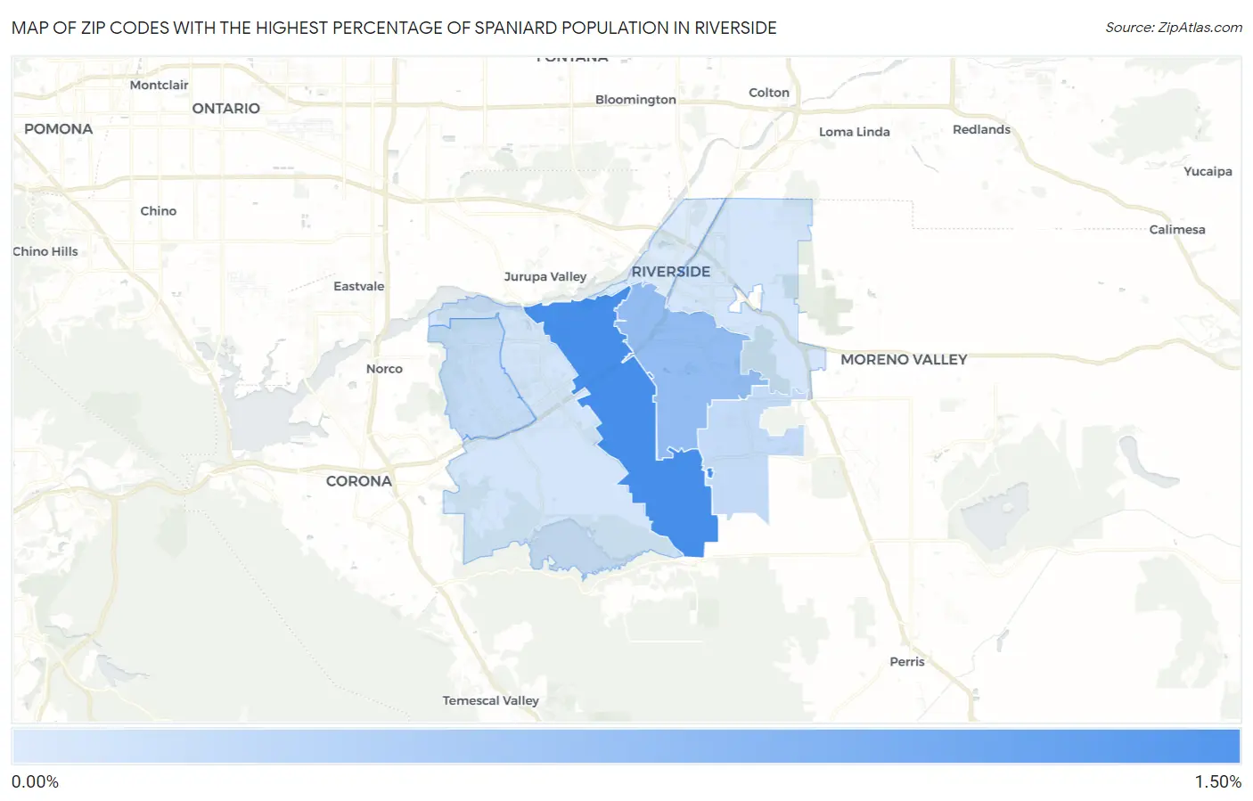 Zip Codes with the Highest Percentage of Spaniard Population in Riverside Map