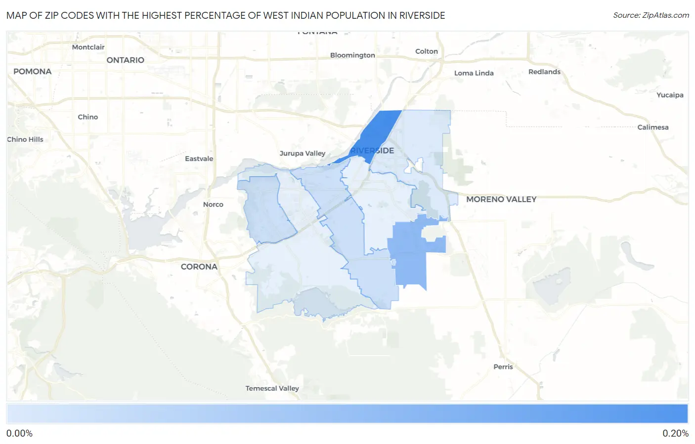 Zip Codes with the Highest Percentage of West Indian Population in Riverside Map