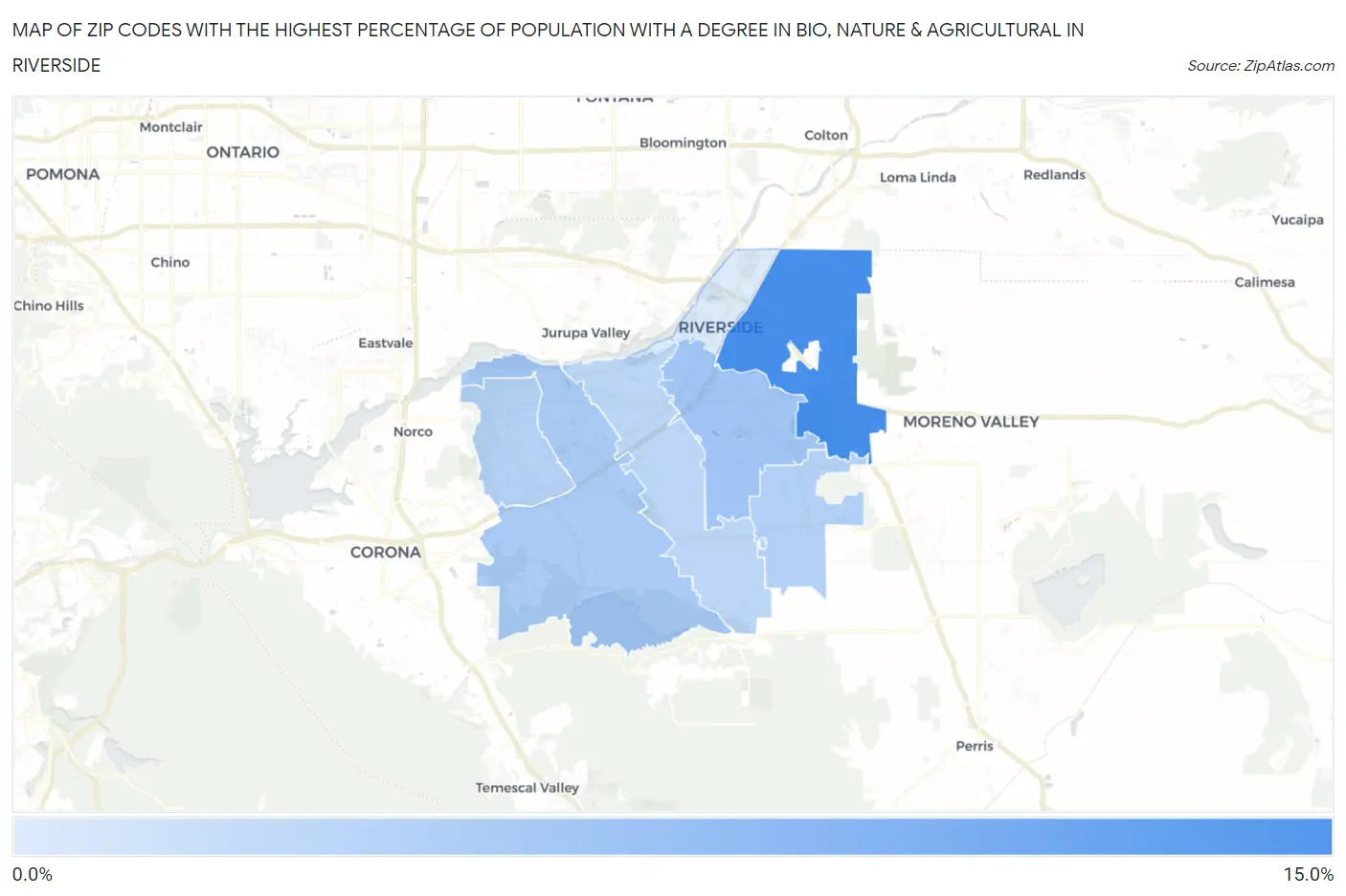 Zip Codes with the Highest Percentage of Population with a Degree in Bio, Nature & Agricultural in Riverside Map