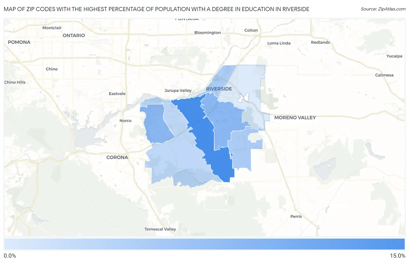 Zip Codes with the Highest Percentage of Population with a Degree in Education in Riverside Map