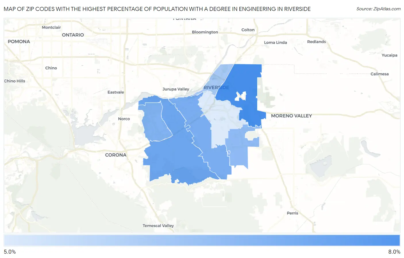 Zip Codes with the Highest Percentage of Population with a Degree in Engineering in Riverside Map