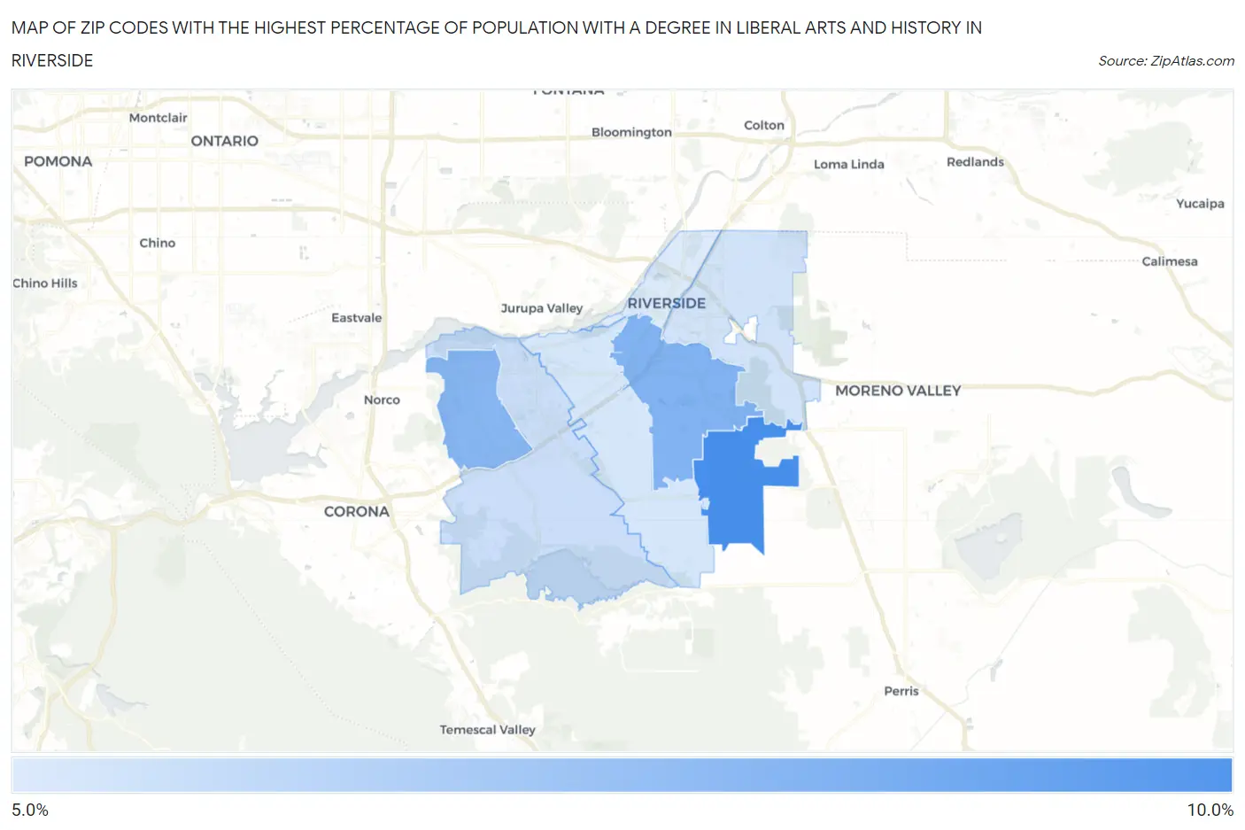 Zip Codes with the Highest Percentage of Population with a Degree in Liberal Arts and History in Riverside Map