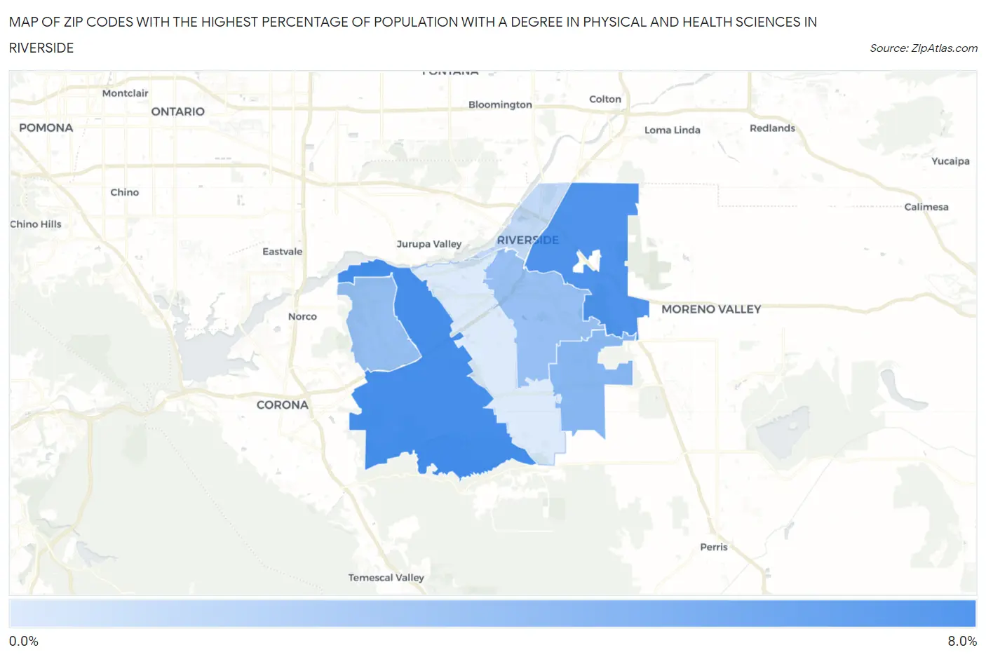 Zip Codes with the Highest Percentage of Population with a Degree in Physical and Health Sciences in Riverside Map