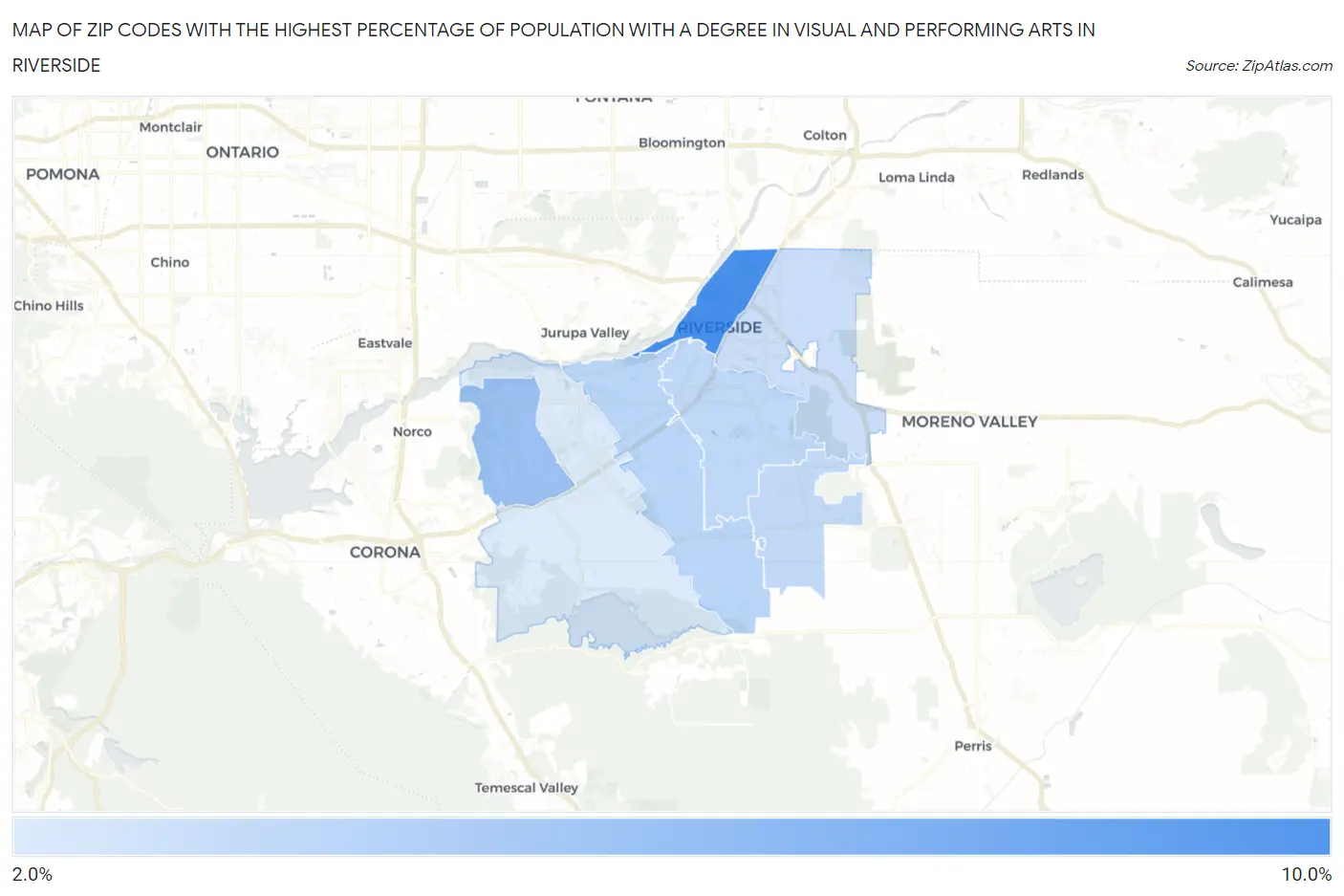 Zip Codes with the Highest Percentage of Population with a Degree in Visual and Performing Arts in Riverside Map