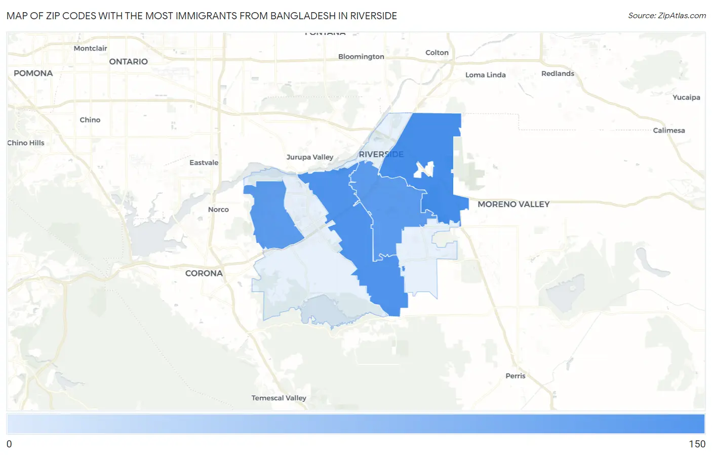 Zip Codes with the Most Immigrants from Bangladesh in Riverside Map