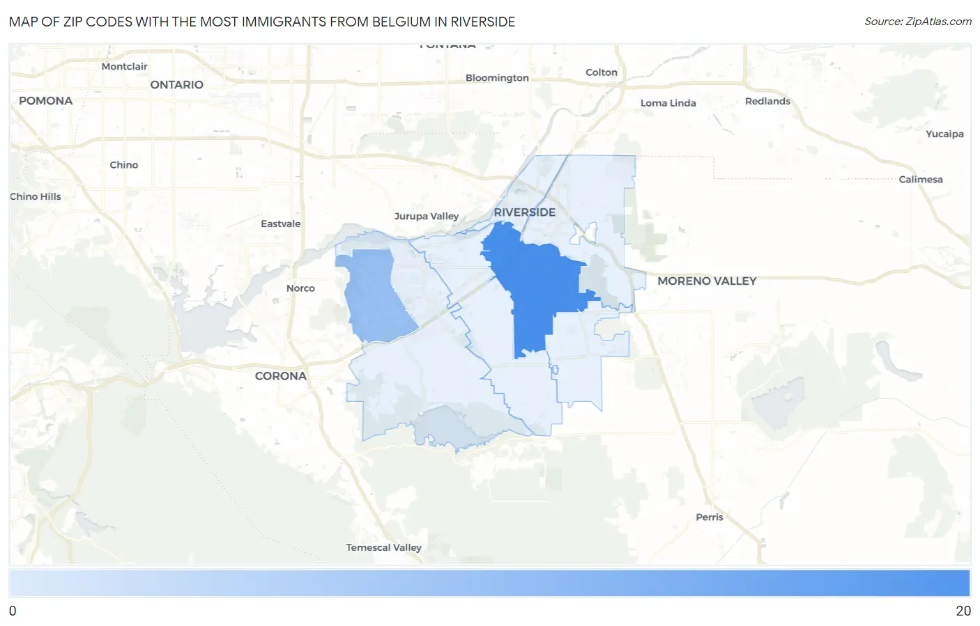 Zip Codes with the Most Immigrants from Belgium in Riverside Map