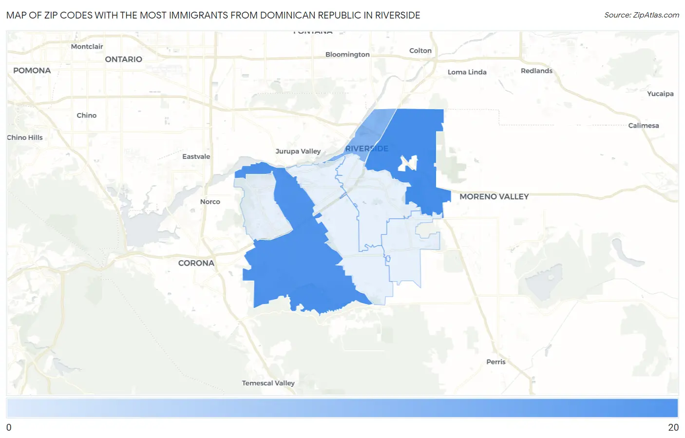 Zip Codes with the Most Immigrants from Dominican Republic in Riverside Map