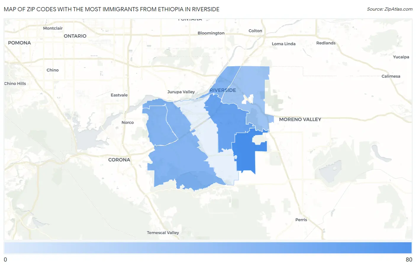 Zip Codes with the Most Immigrants from Ethiopia in Riverside Map