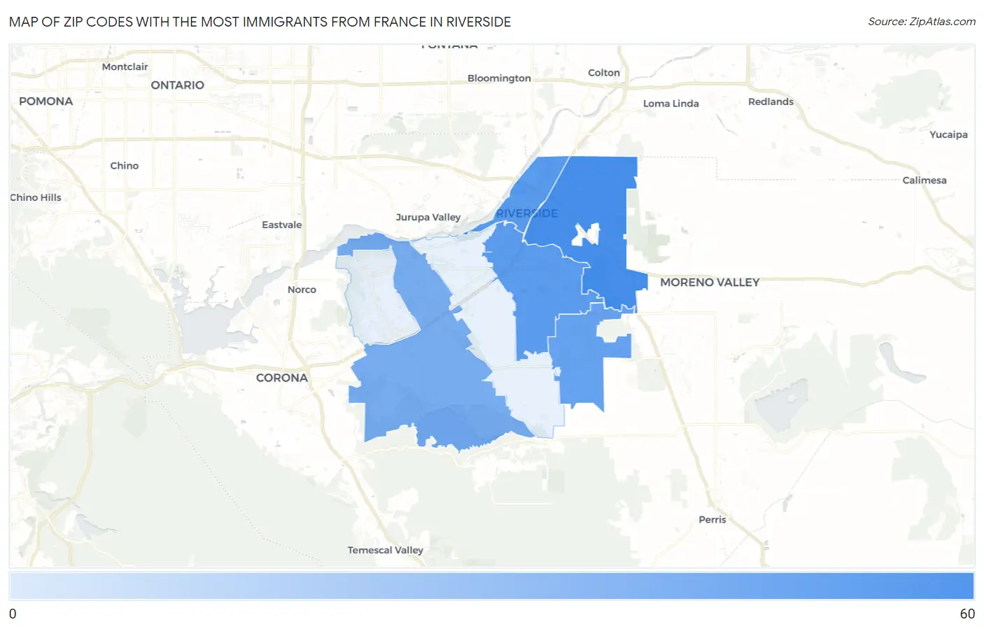 Zip Codes with the Most Immigrants from France in Riverside Map
