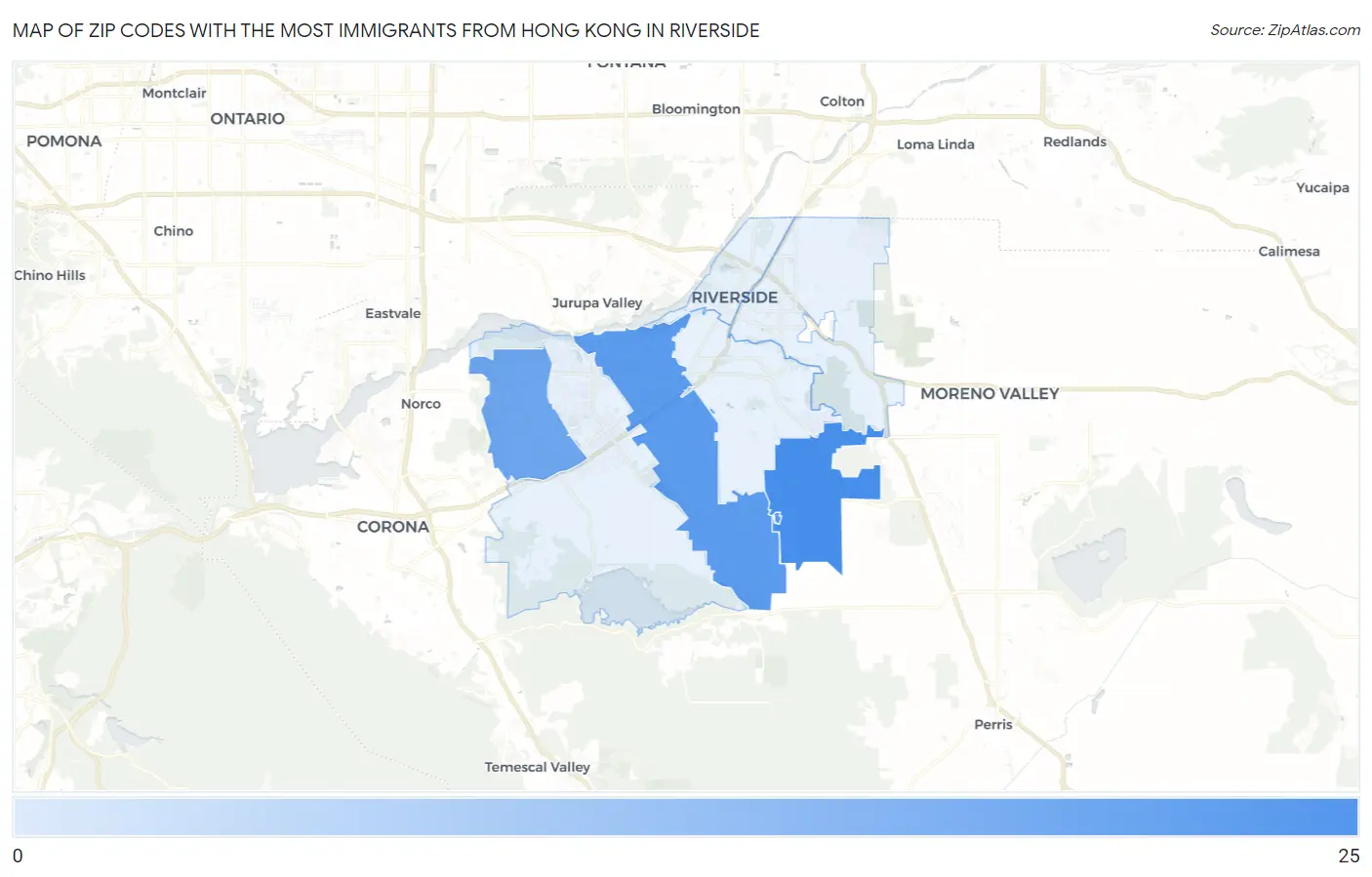 Zip Codes with the Most Immigrants from Hong Kong in Riverside Map