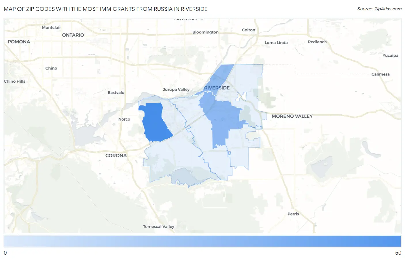 Zip Codes with the Most Immigrants from Russia in Riverside Map
