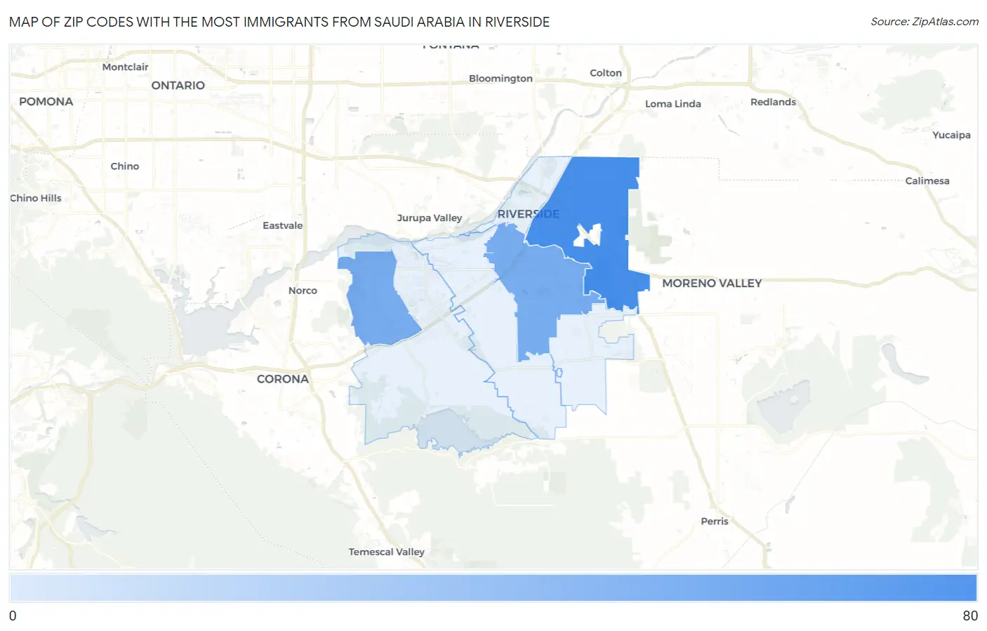 Zip Codes with the Most Immigrants from Saudi Arabia in Riverside Map