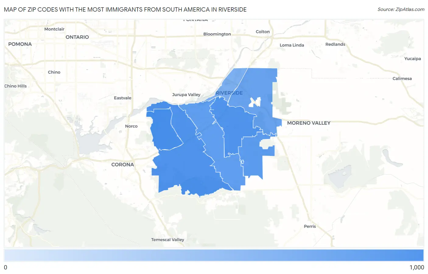 Zip Codes with the Most Immigrants from South America in Riverside Map
