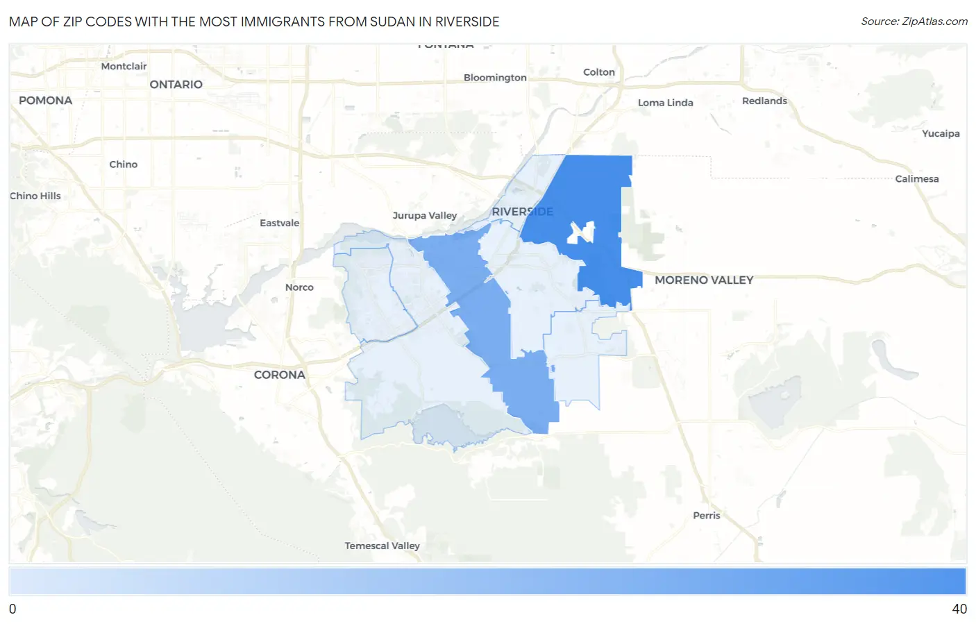 Zip Codes with the Most Immigrants from Sudan in Riverside Map