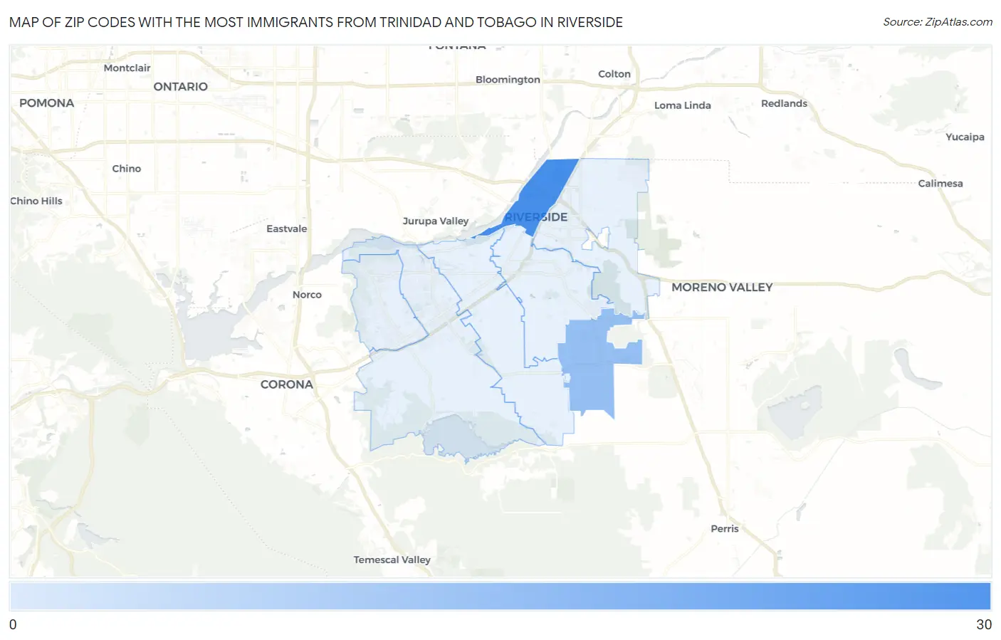 Zip Codes with the Most Immigrants from Trinidad and Tobago in Riverside Map