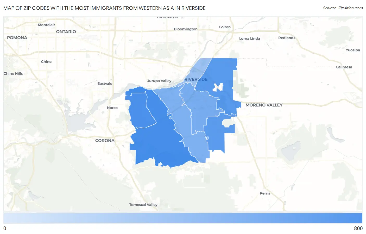 Zip Codes with the Most Immigrants from Western Asia in Riverside Map