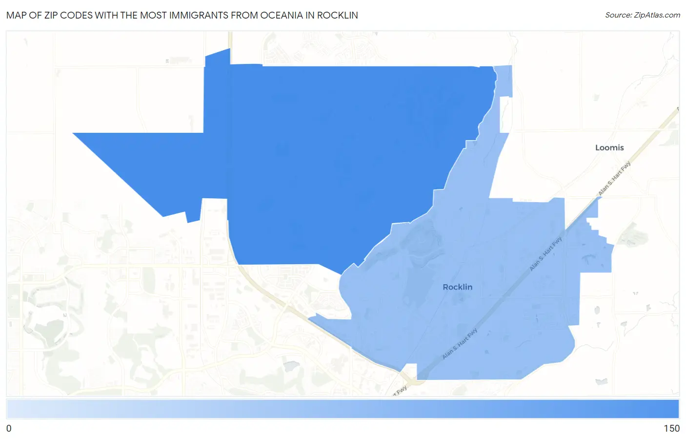 Zip Codes with the Most Immigrants from Oceania in Rocklin Map