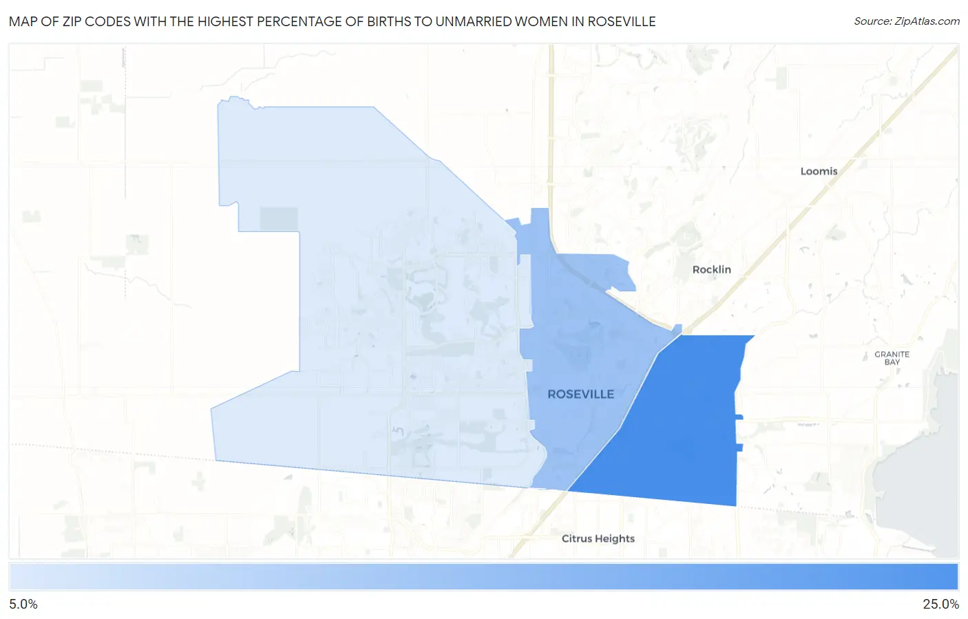 Zip Codes with the Highest Percentage of Births to Unmarried Women in Roseville Map