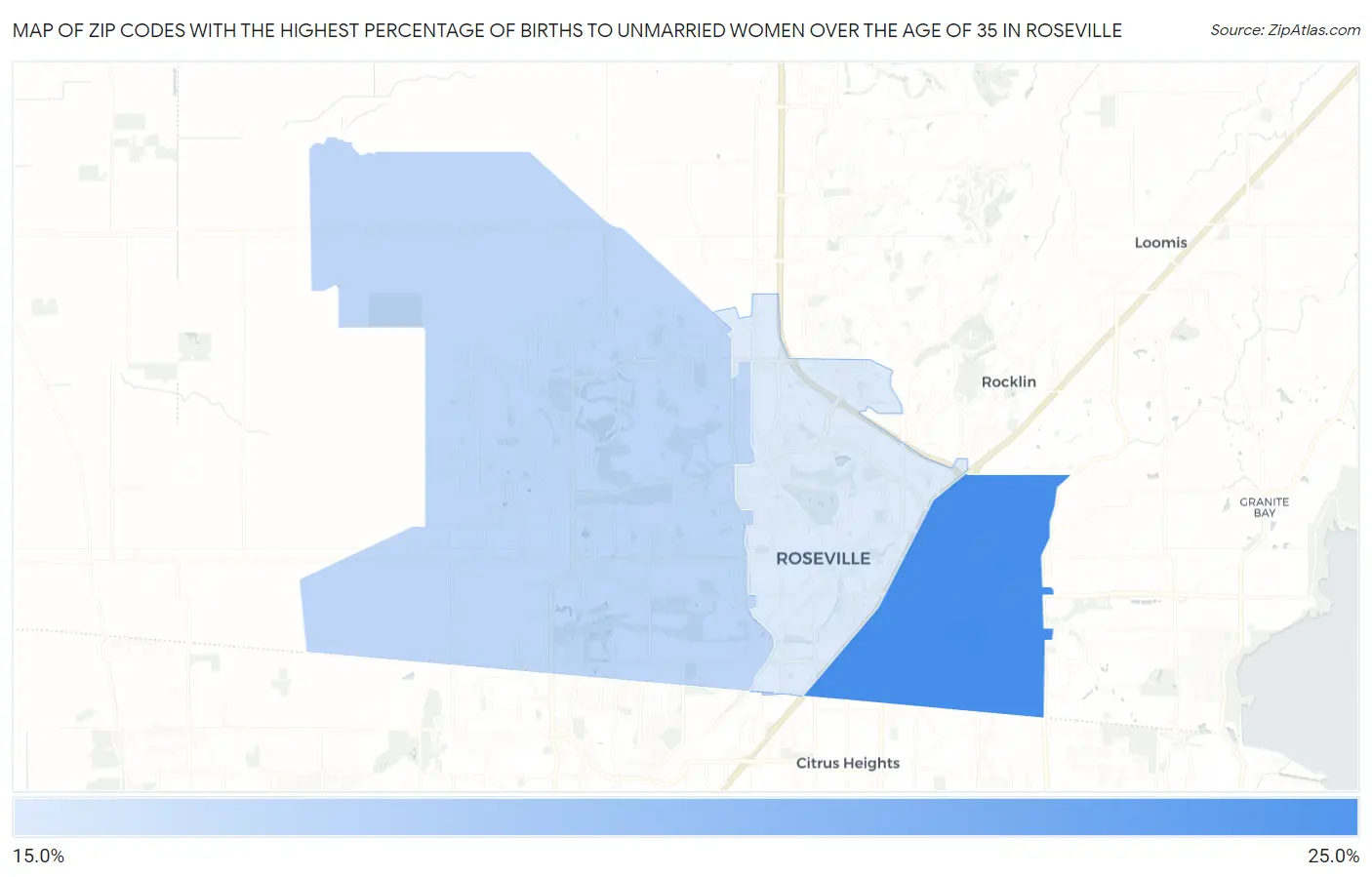 Zip Codes with the Highest Percentage of Births to Unmarried Women over the Age of 35 in Roseville Map