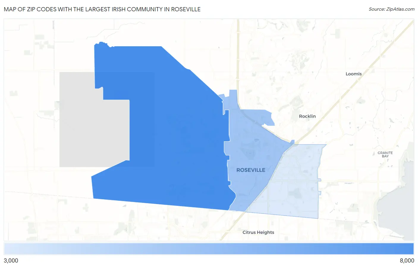 Zip Codes with the Largest Irish Community in Roseville Map