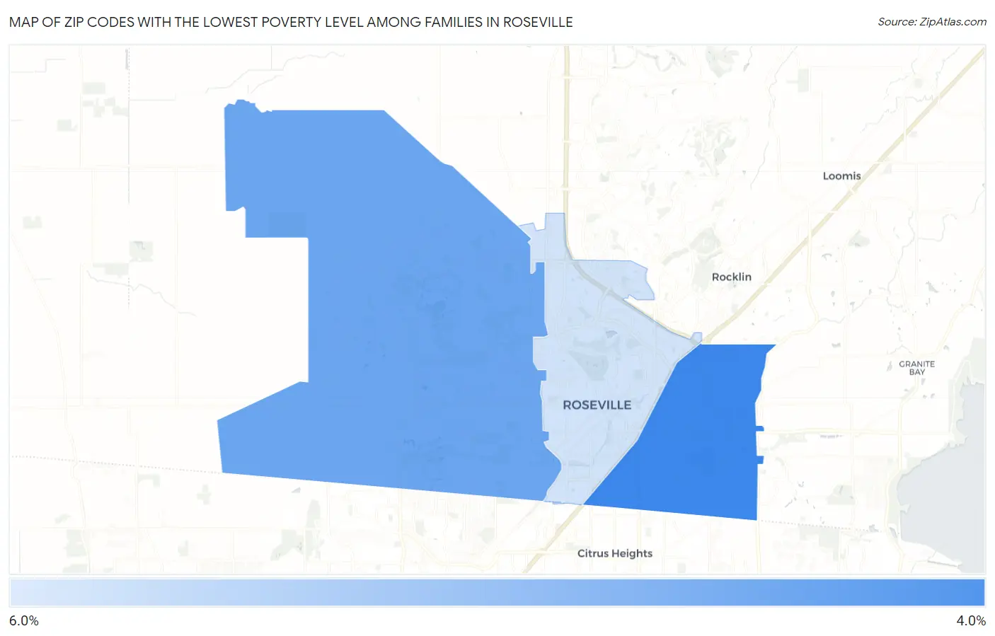 Zip Codes with the Lowest Poverty Level Among Families in Roseville Map