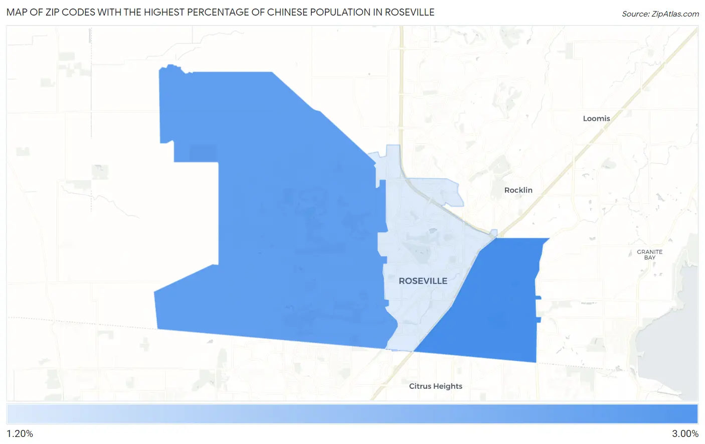Zip Codes with the Highest Percentage of Chinese Population in Roseville Map
