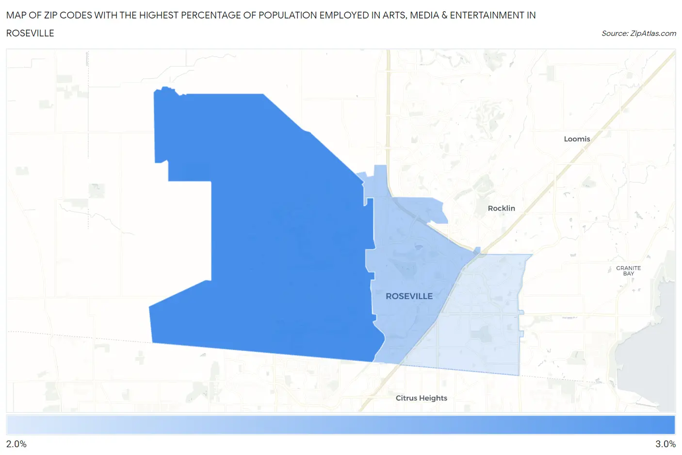 Zip Codes with the Highest Percentage of Population Employed in Arts, Media & Entertainment in Roseville Map