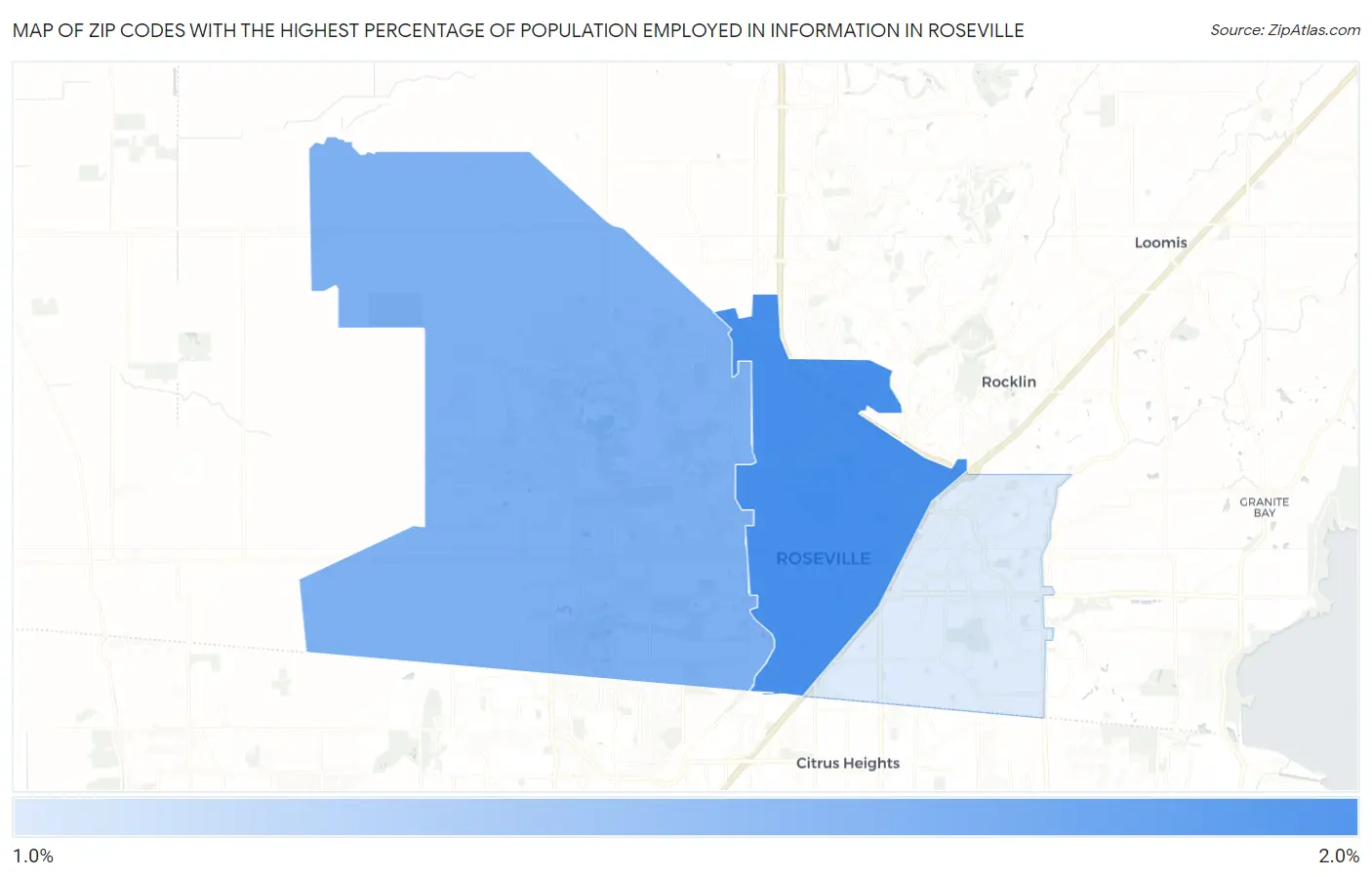 Zip Codes with the Highest Percentage of Population Employed in Information in Roseville Map
