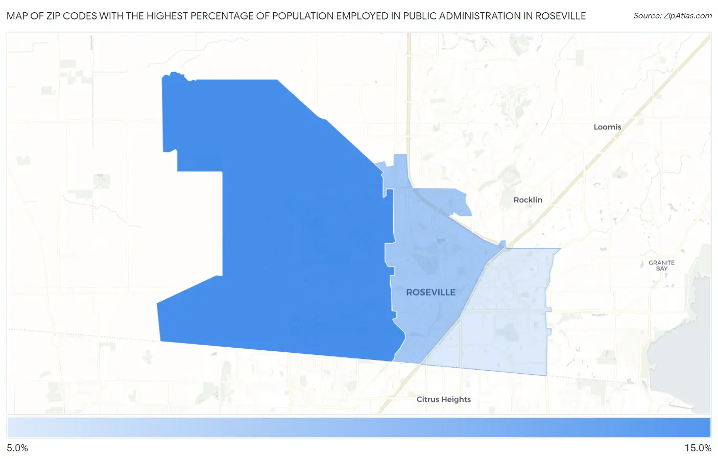 Zip Codes with the Highest Percentage of Population Employed in Public Administration in Roseville Map