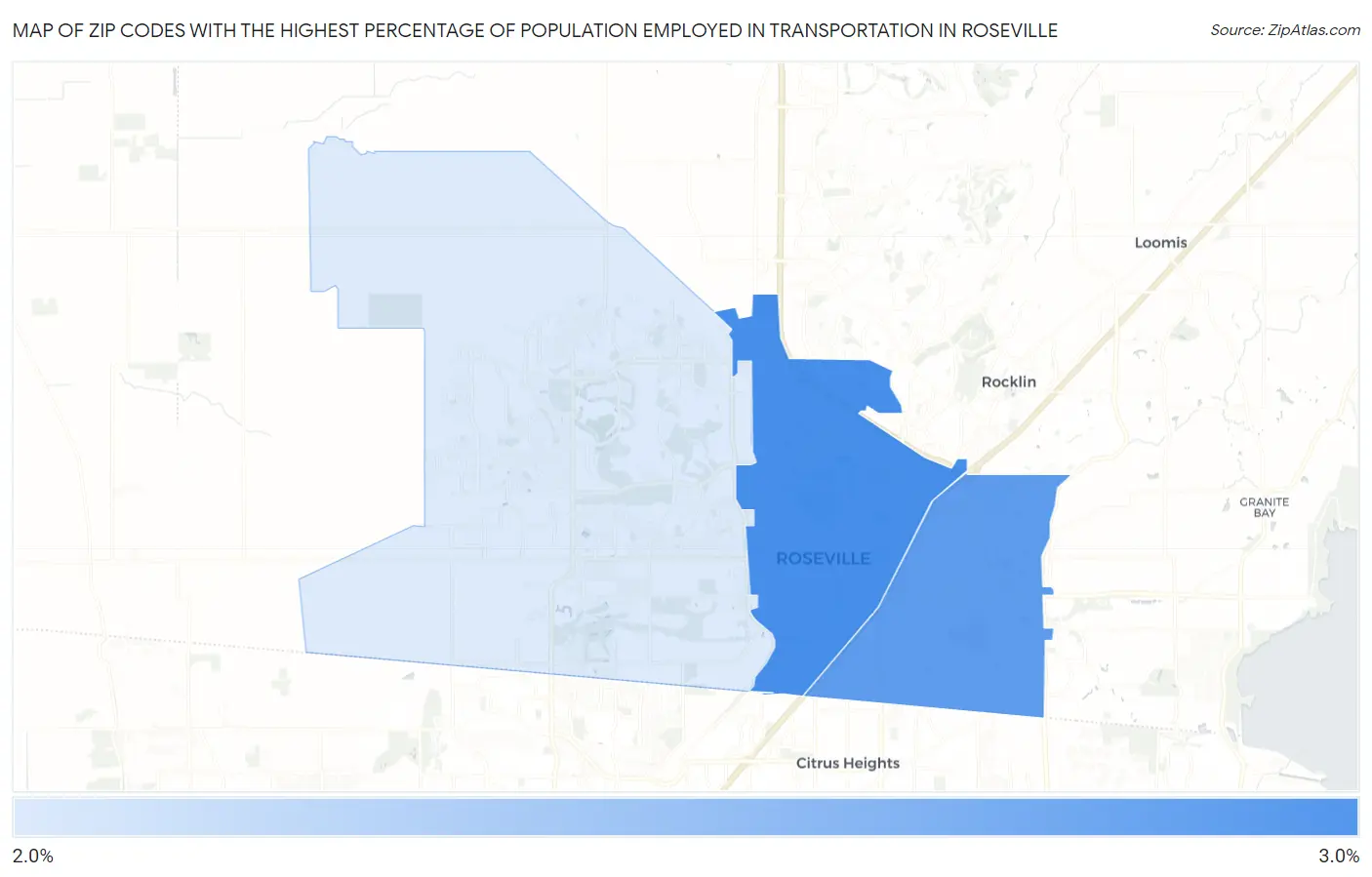 Zip Codes with the Highest Percentage of Population Employed in Transportation in Roseville Map