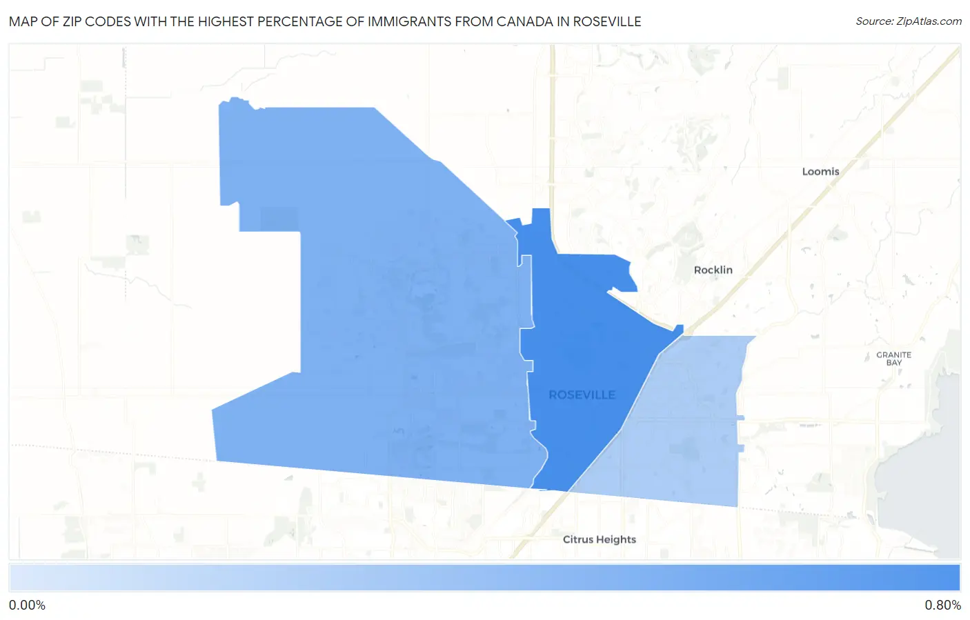 Zip Codes with the Highest Percentage of Immigrants from Canada in Roseville Map