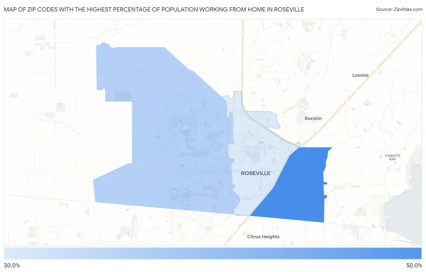 Zip Codes with the Highest Percentage of Population Working from Home in Roseville Map