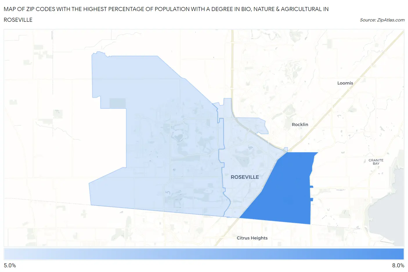 Zip Codes with the Highest Percentage of Population with a Degree in Bio, Nature & Agricultural in Roseville Map