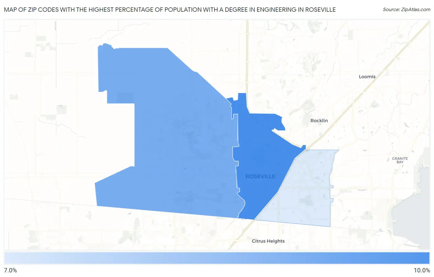 Zip Codes with the Highest Percentage of Population with a Degree in Engineering in Roseville Map