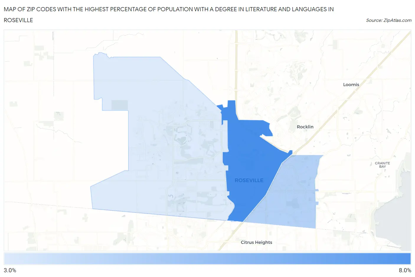 Zip Codes with the Highest Percentage of Population with a Degree in Literature and Languages in Roseville Map